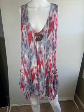 Multiples Ikat Textured Tunic Top Sleeveless Ring Detail Boho Cover Up Coastal M